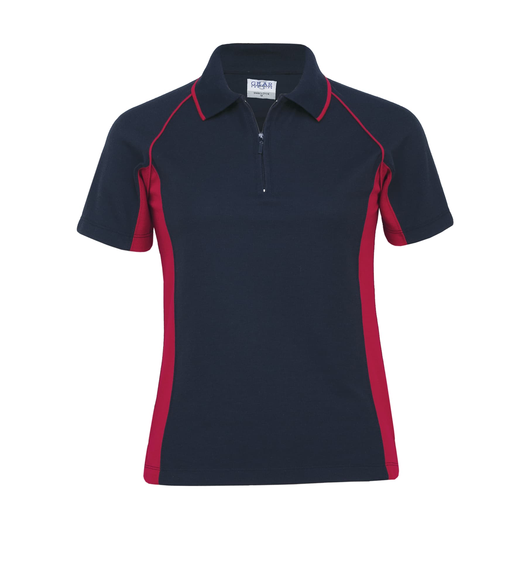A navy and red women's polo shirt featuring short sleeves and a zip-up collar, with a logo at the chest. Eclipse Polo - Womens - Image 1