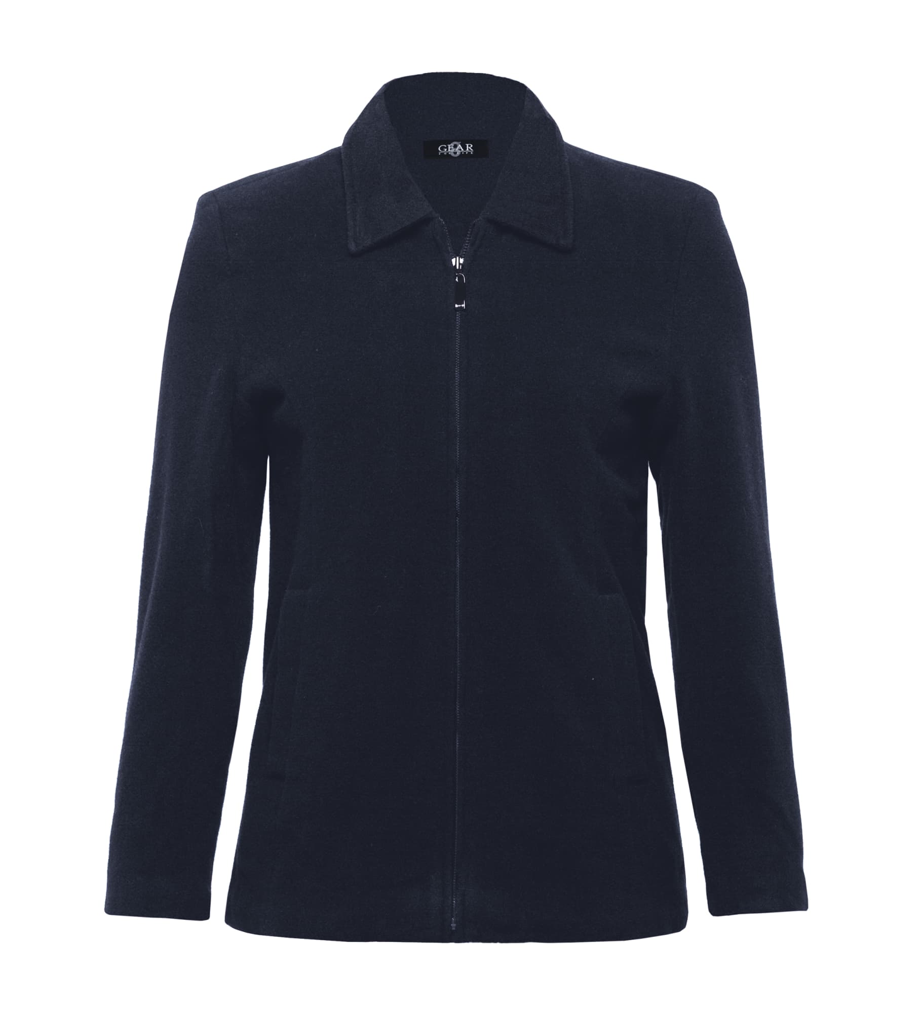 A navy women's jacket featuring a zip front, collar, and side pockets. The jacket has a logo on it. Melton Wool Ceo Jacket - Womens - Image 1
