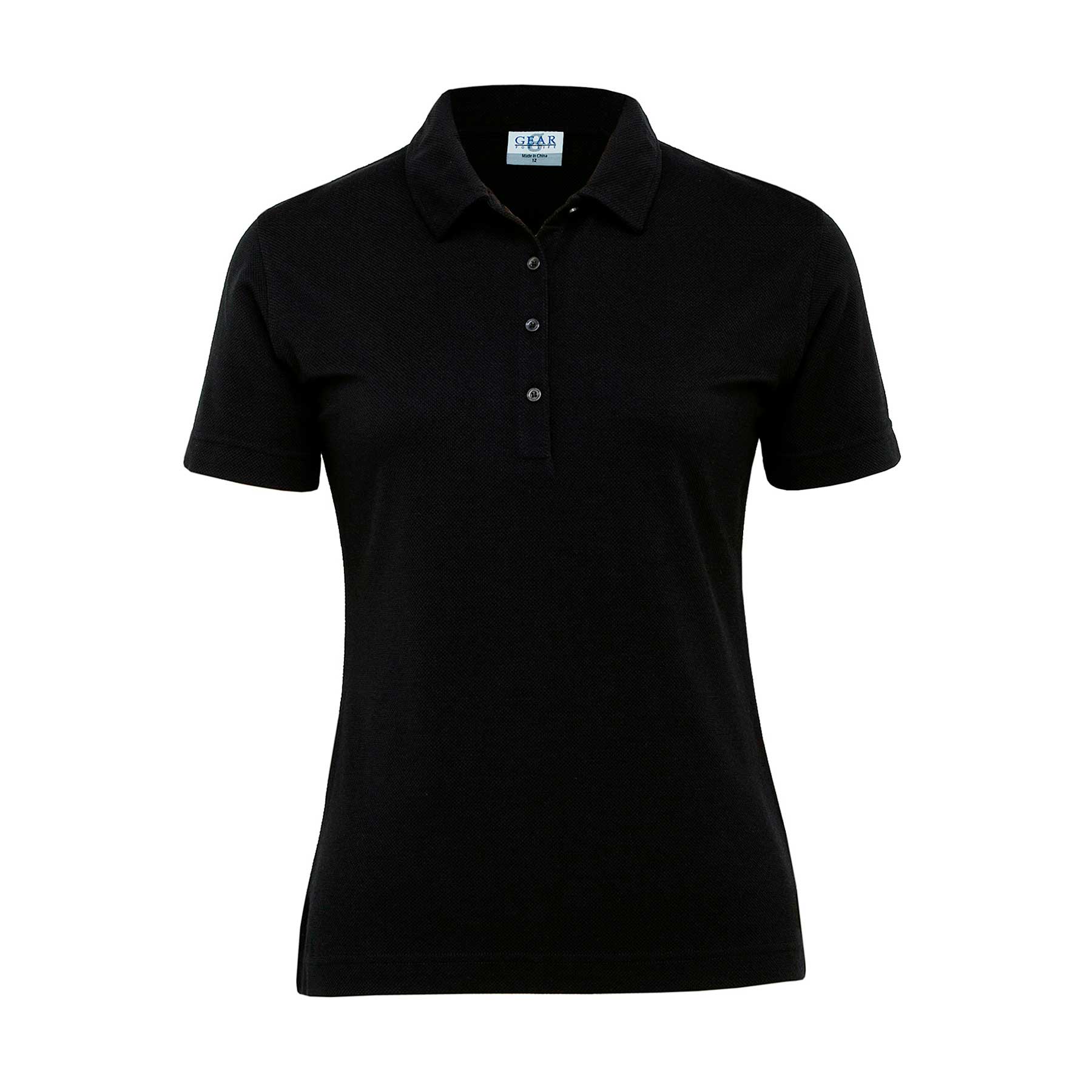 A black women's polo shirt featuring a collar and a front button placket, with a logo on the sleeve. Pinacool Eco Polo - Womens - Image 1