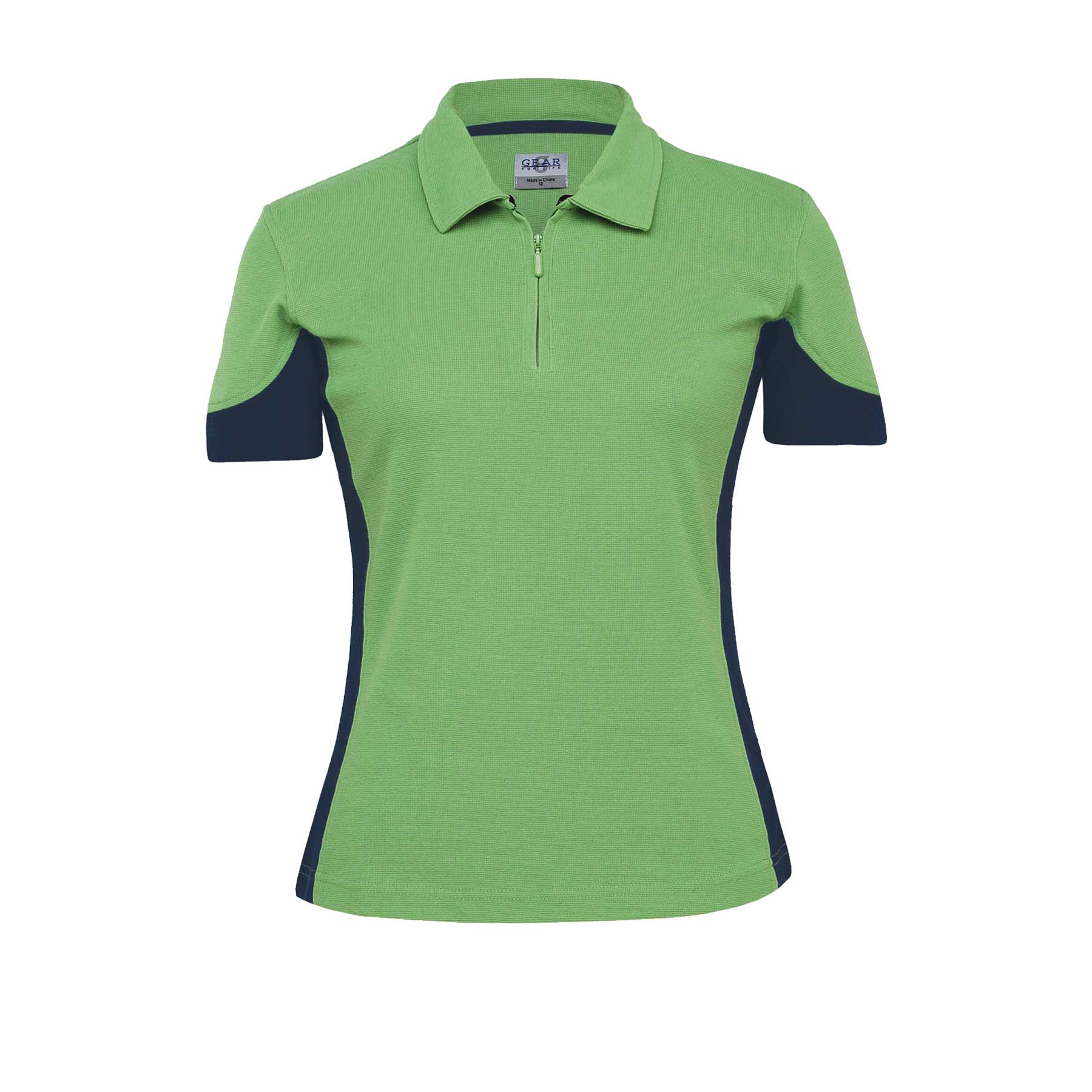 A women's polo shirt in green with navy blue accents, featuring a quarter zip and a logo. Quantum Duo Polo - Womens - Image 1