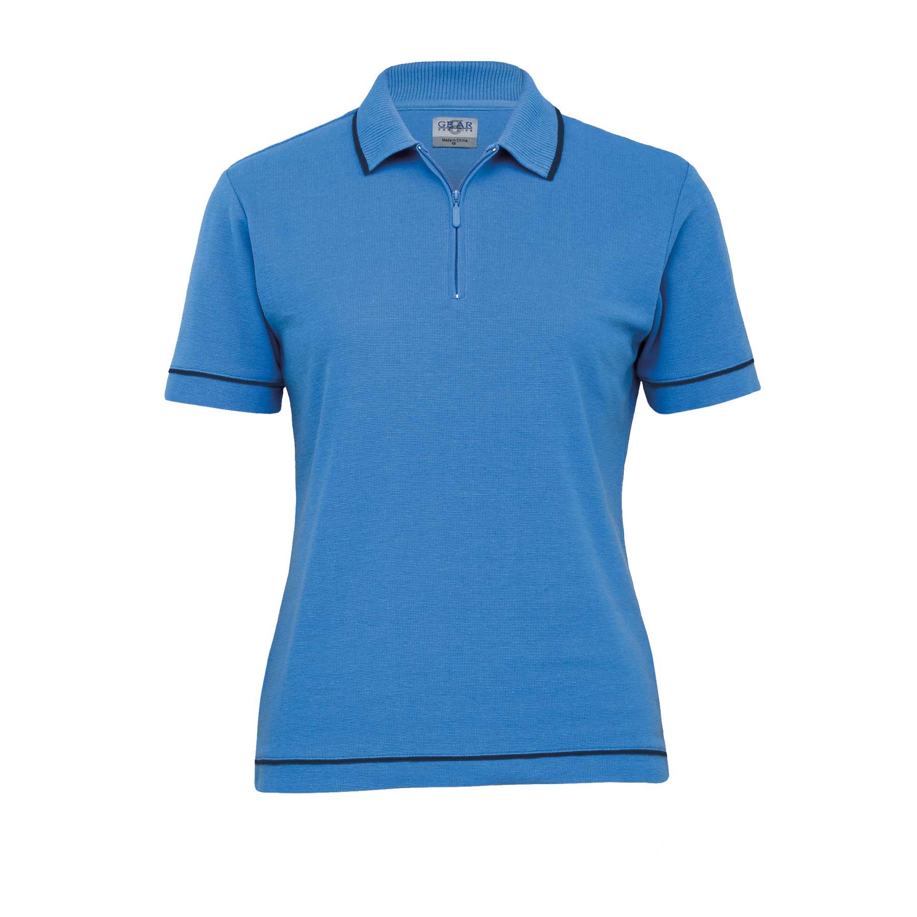 A women's retro waffle polo shirt in blue with contrasting trims and a zippered neckline. It features a logo. Retro Waffle Polo - Womens - Image 1