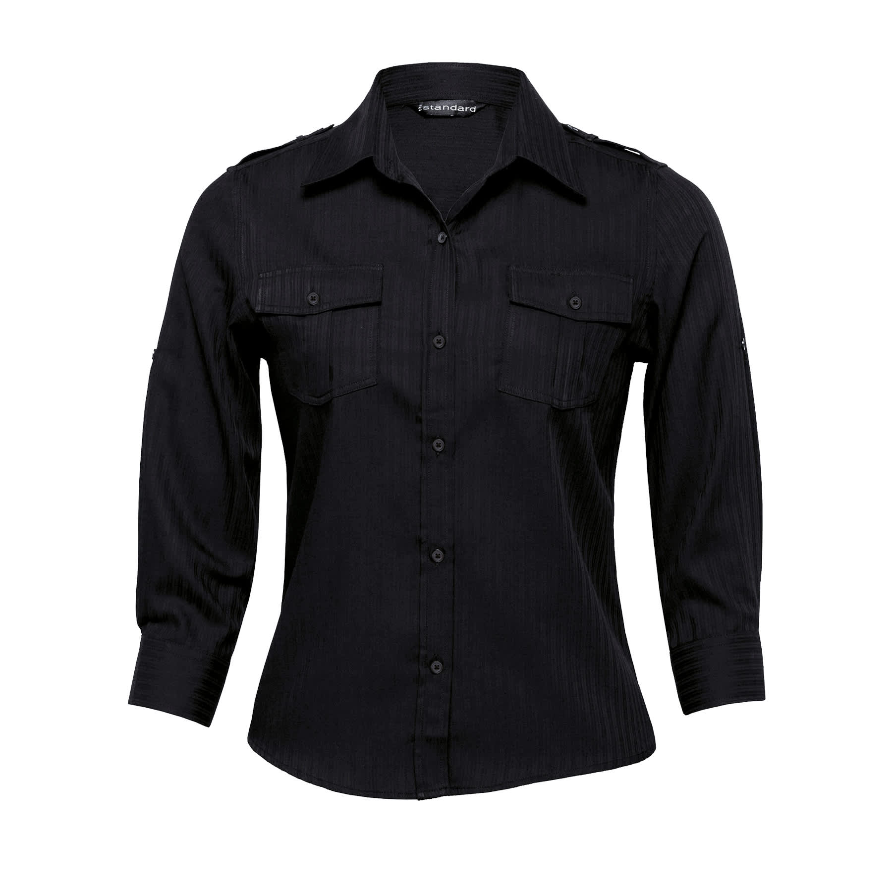 A black women's button-up shirt featuring two chest pockets and shoulder detailing. The Denison Shirt – Womens - Image 1