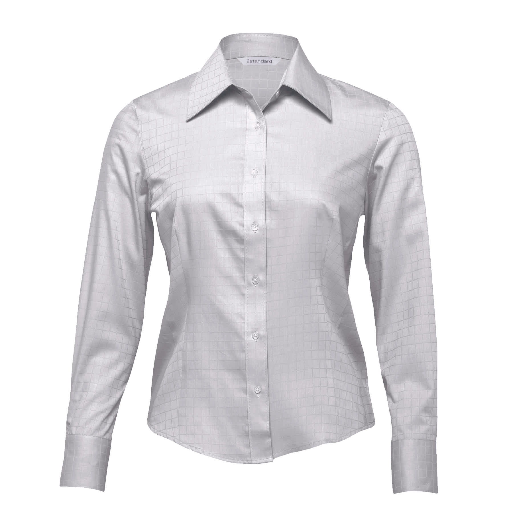 A button-up shirt in light grey, featuring a subtle grid pattern and long sleeves. It has a logo on the collar. The Metro Knightsbridge Shirt – Womens - Image 1
