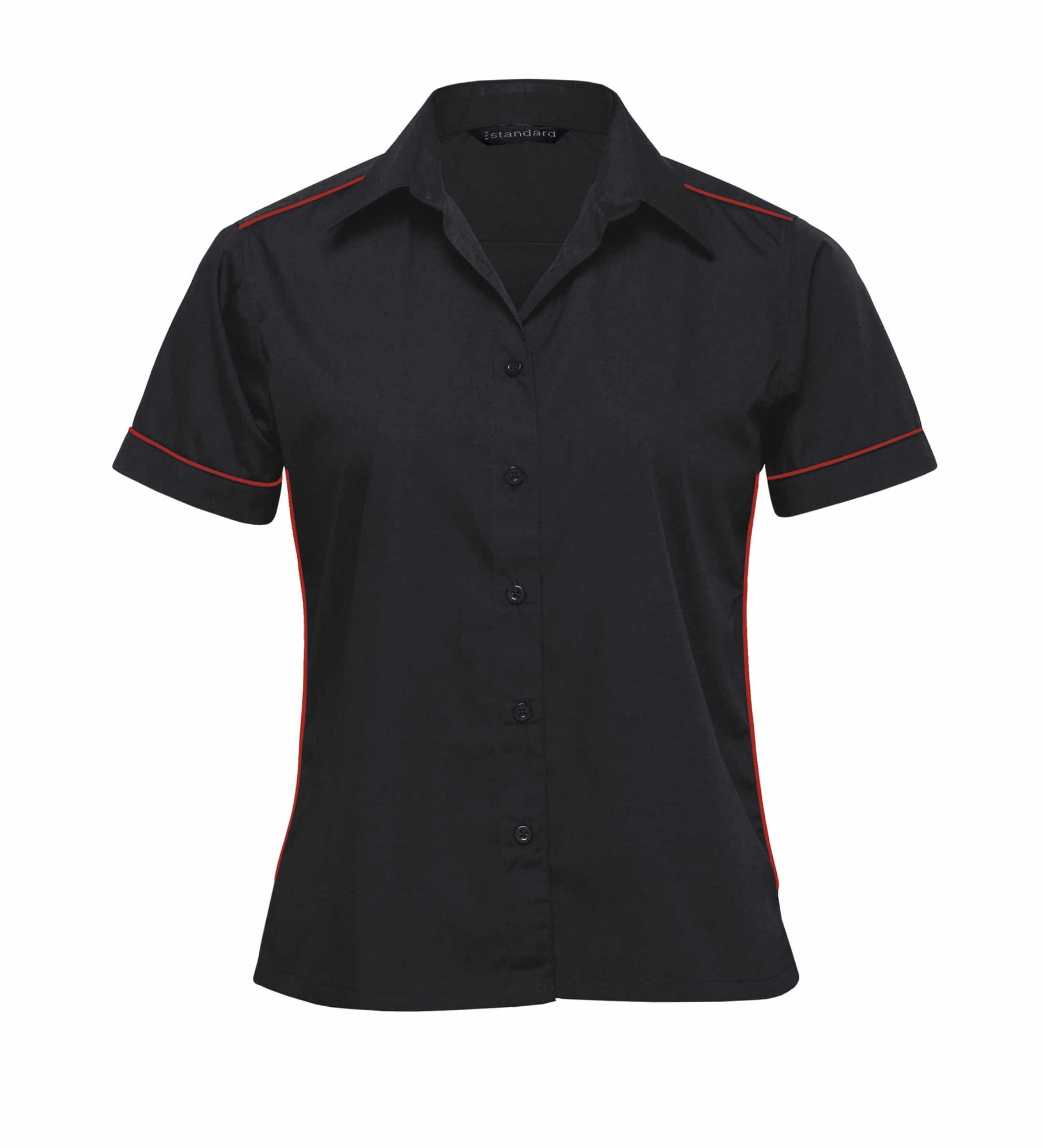 A short-sleeved women's button-up shirt in black with red piping and a logo on the collar. The Matrix Teflon Shirt - Womens - Image 1