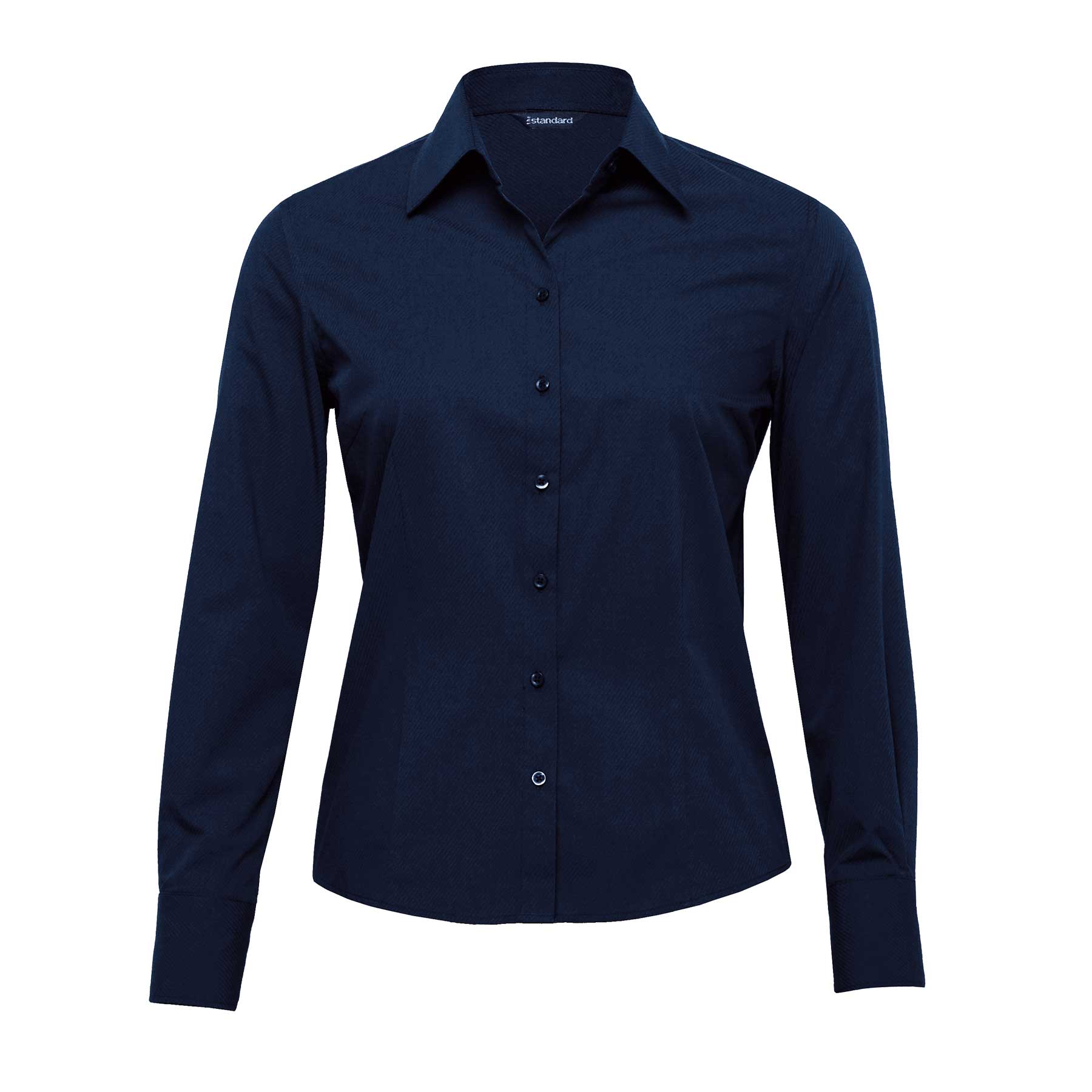 A navy blue long sleeve button-up shirt for women, featuring a collar and a branding logo. The Republic Long Sleeve Shirt – Womens - Image 1