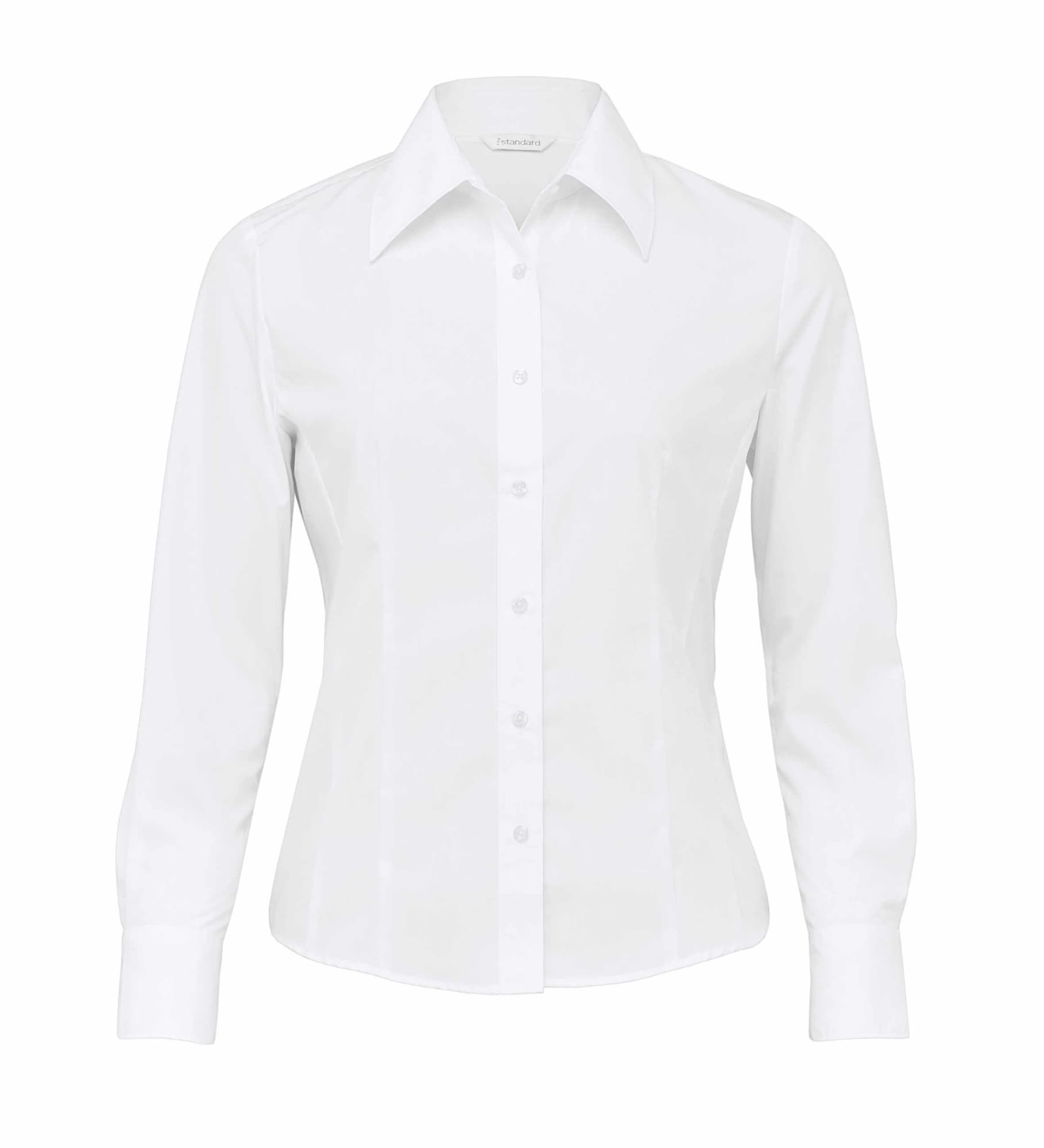 A white women's button-up shirt with long sleeves and a collar, featuring a branding logo. The Traveller Shirt - Womens - Image 1