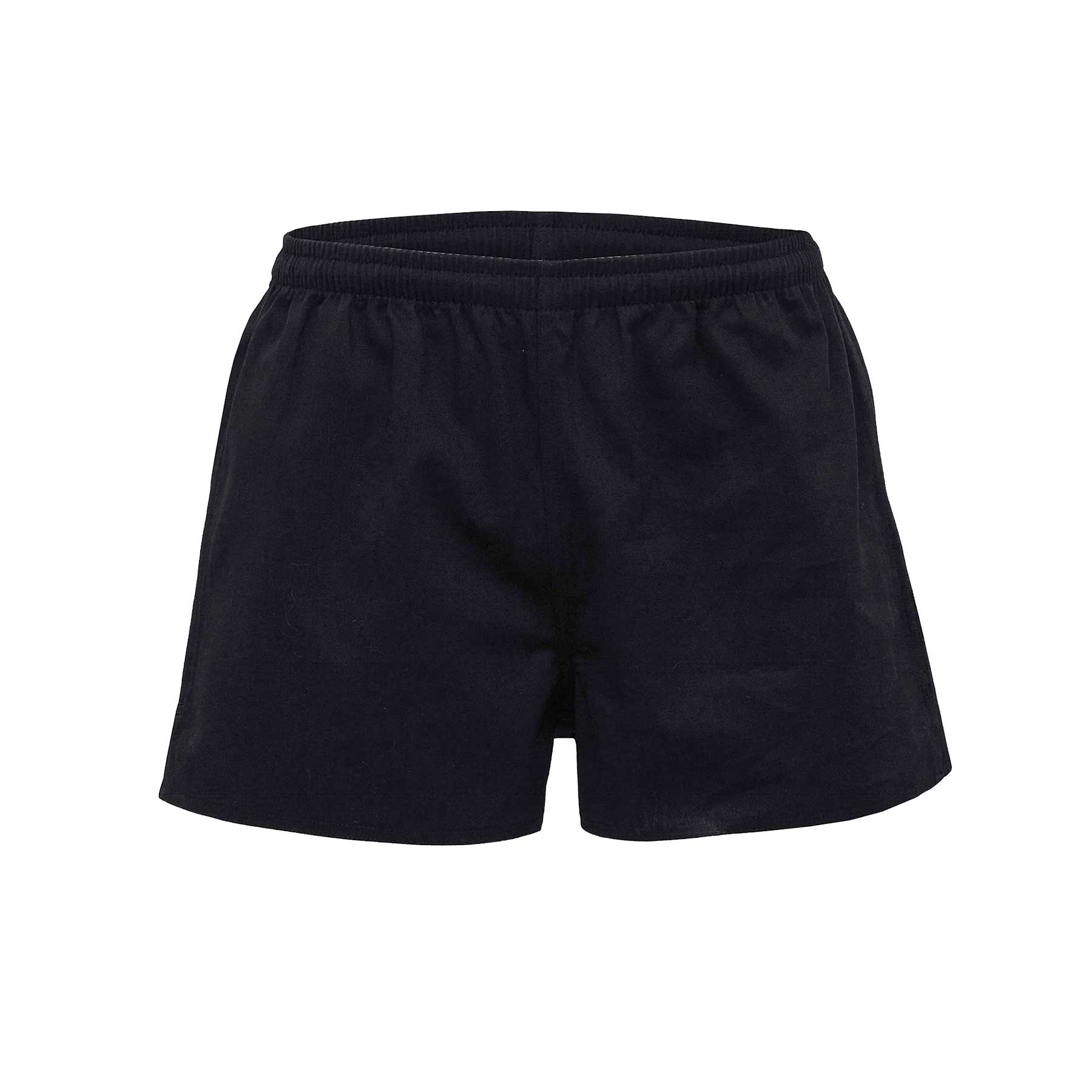 Black youth rugby shorts featuring an elastic waistband and a secure fit. Includes a logo. Youth Rugby Shorts - Image 1