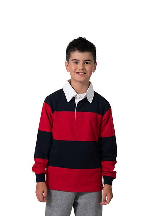 A kid's rugby polo top featuring red and navy stripes with a white collar, displayed on a smiling boy. Kid's Rugby Polo Top - Image 1