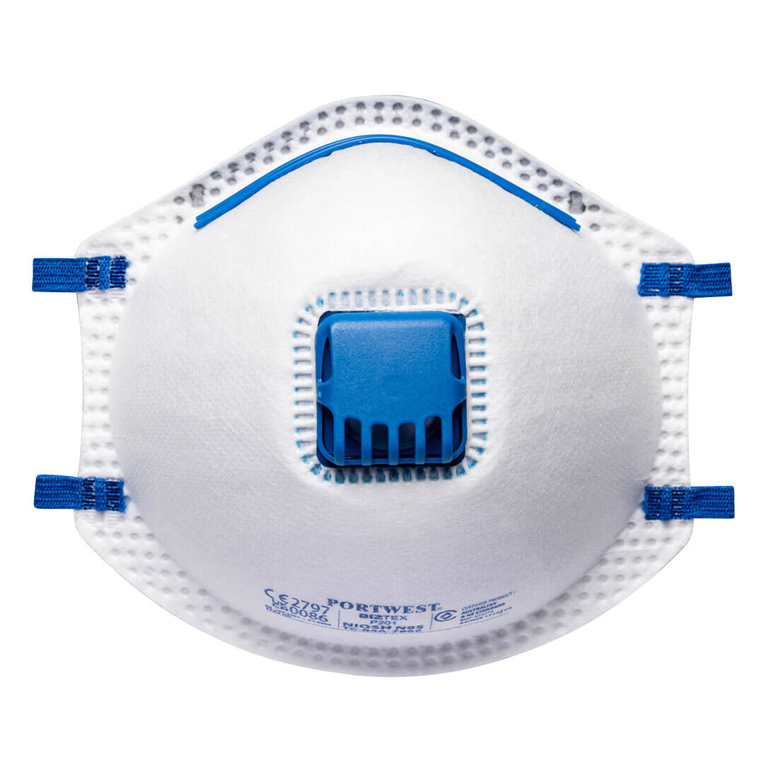 A white respirator with blue accents and a valved design, featuring adjustable straps and a branding logo. FFP2 Valved Dust Mist Respirator (Pk10) - Image 1
