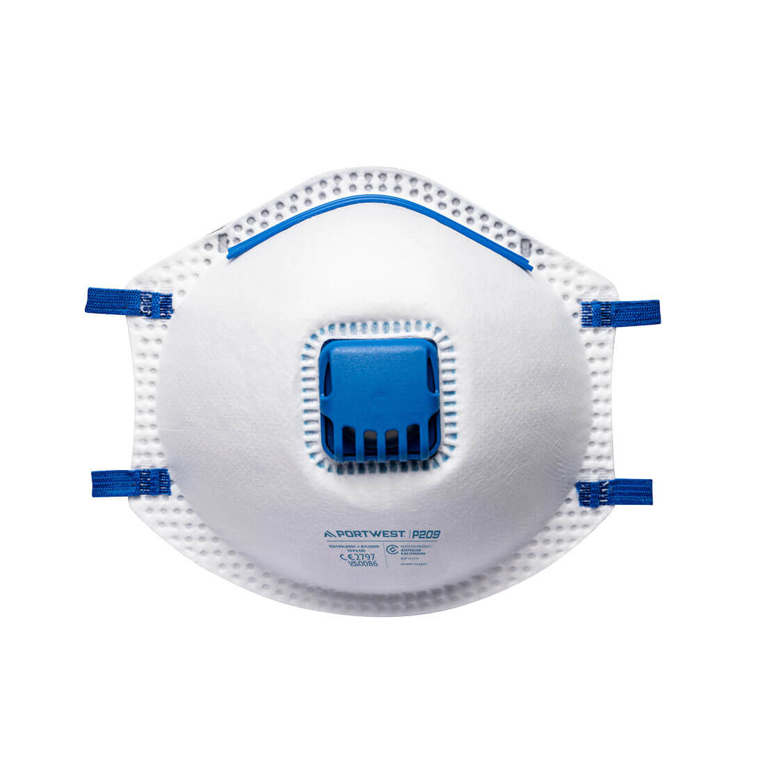 A white FFP2 mask with a blue valved system and blue straps, designed for health and personal use. FFP2 Valved - Blister Pack (Pk3) - Image 1