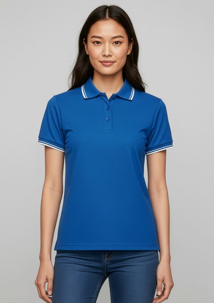 A women's short sleeve polo in vibrant blue with contrasting white stripes on the collar and sleeves. Womens Cambridge Short Sleeve Polo - Image 1