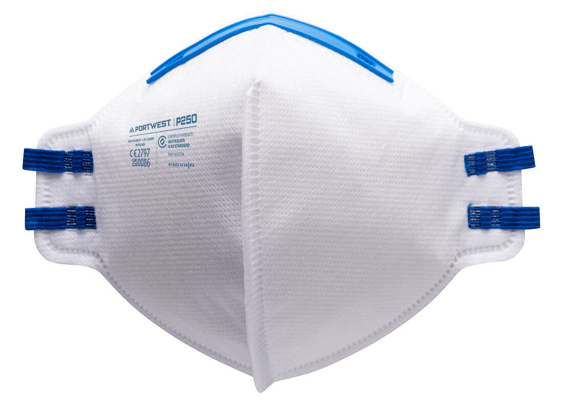 A white P2FF respirator with blue straps and a blue panel on top, featuring a logo. FFP2 Dust Mist Fold Flat Respirator (Pk20) - Image 1