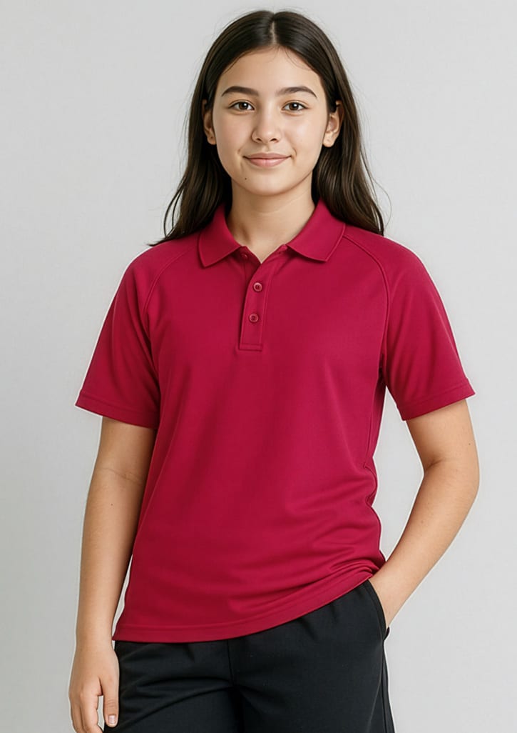 A red short sleeve polo shirt designed for kids, featuring a collar and buttons, with a logo on the chest. Kids Sprint Short Sleeve Polo - Image 1