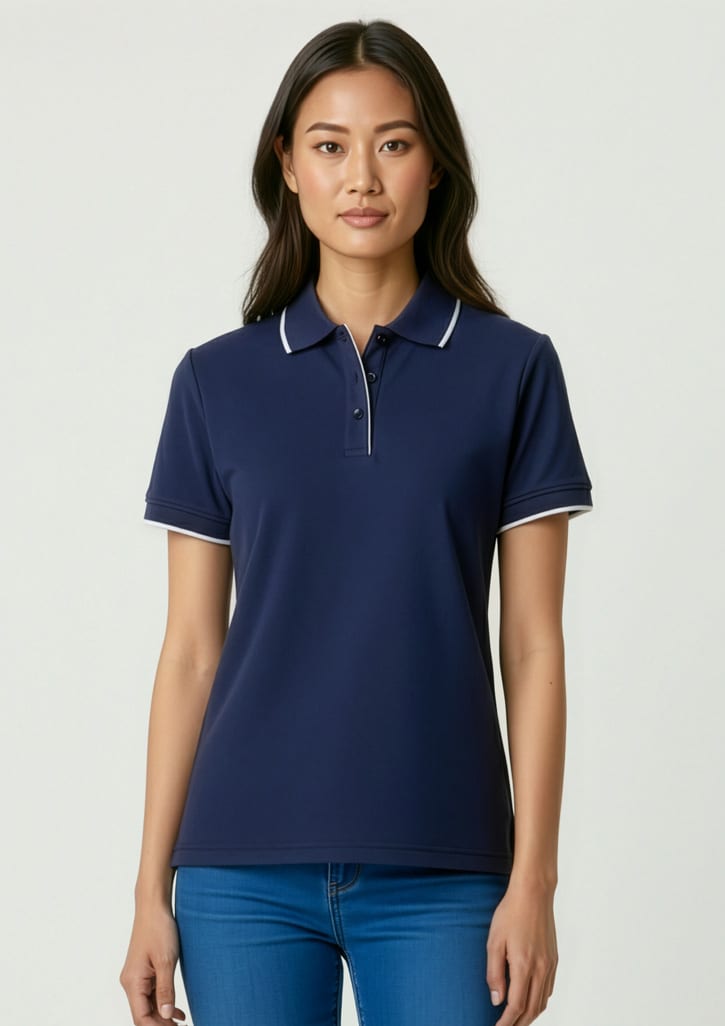A navy blue women's polo shirt with contrasting white trim and a collar, featuring a logo on the chest. Womens Elite Short Sleeve Polo - Image 1