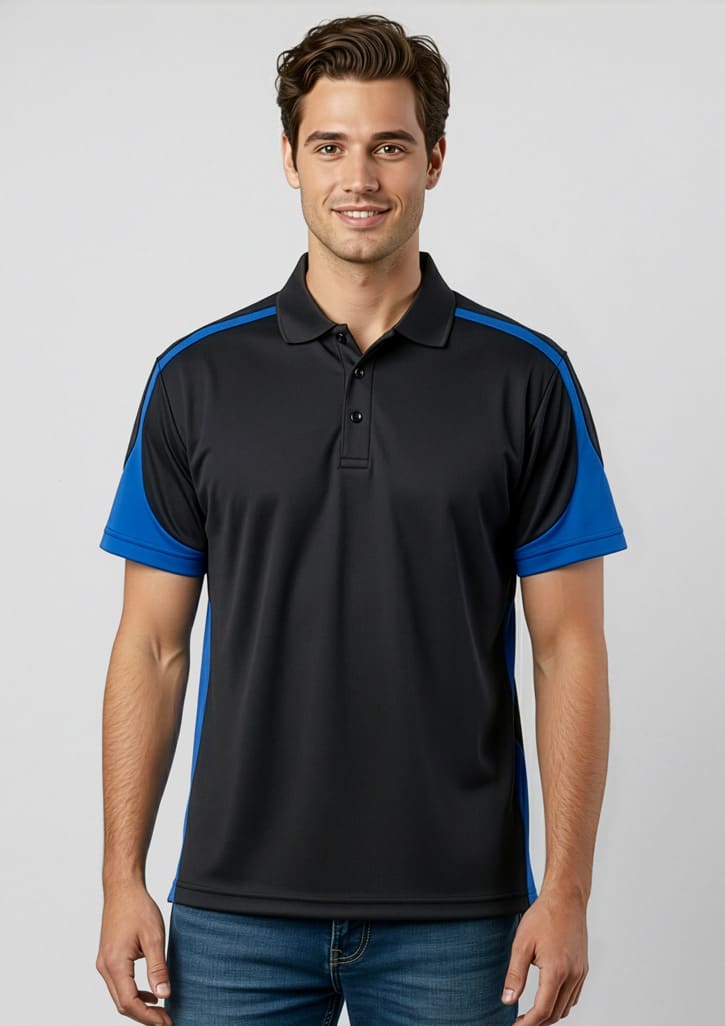 A black and blue short sleeve polo shirt with a collar and a logo on the chest. Mens Talon Short Sleeve Polo - Image 1