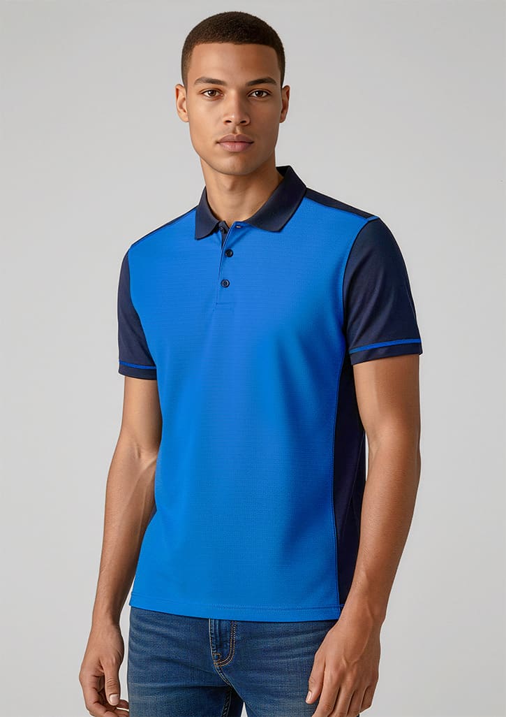 A blue and navy short sleeve polo shirt displayed on a model, featuring a collar and a logo. Mens Dart Short Sleeve Polo - Image 1