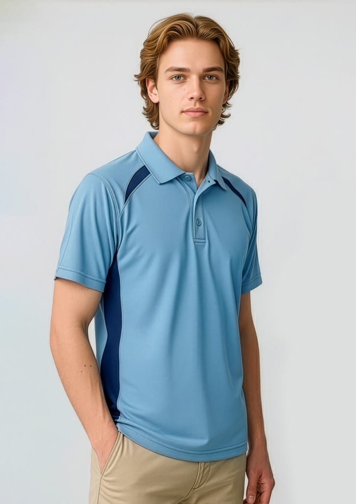 A men's short sleeve polo in light blue with navy side panels, featuring a logo on the chest. Mens Splice Short Sleeve Polo - Image 1