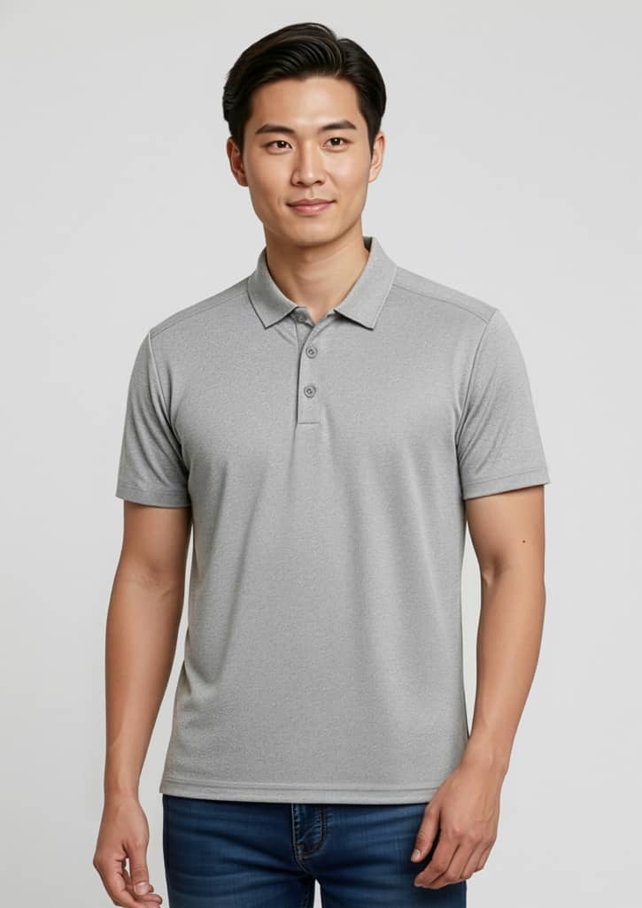 A grey short sleeve polo shirt for men, featuring a collar and a logo on the chest. Mens Aero Short Sleeve Polo - Image 1