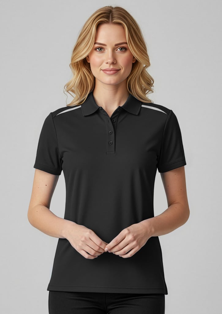 A black women's short sleeve polo shirt with a collar and subtle shoulder detailing. It features a logo. Womens Sonar Short Sleeve Polo - Image 1
