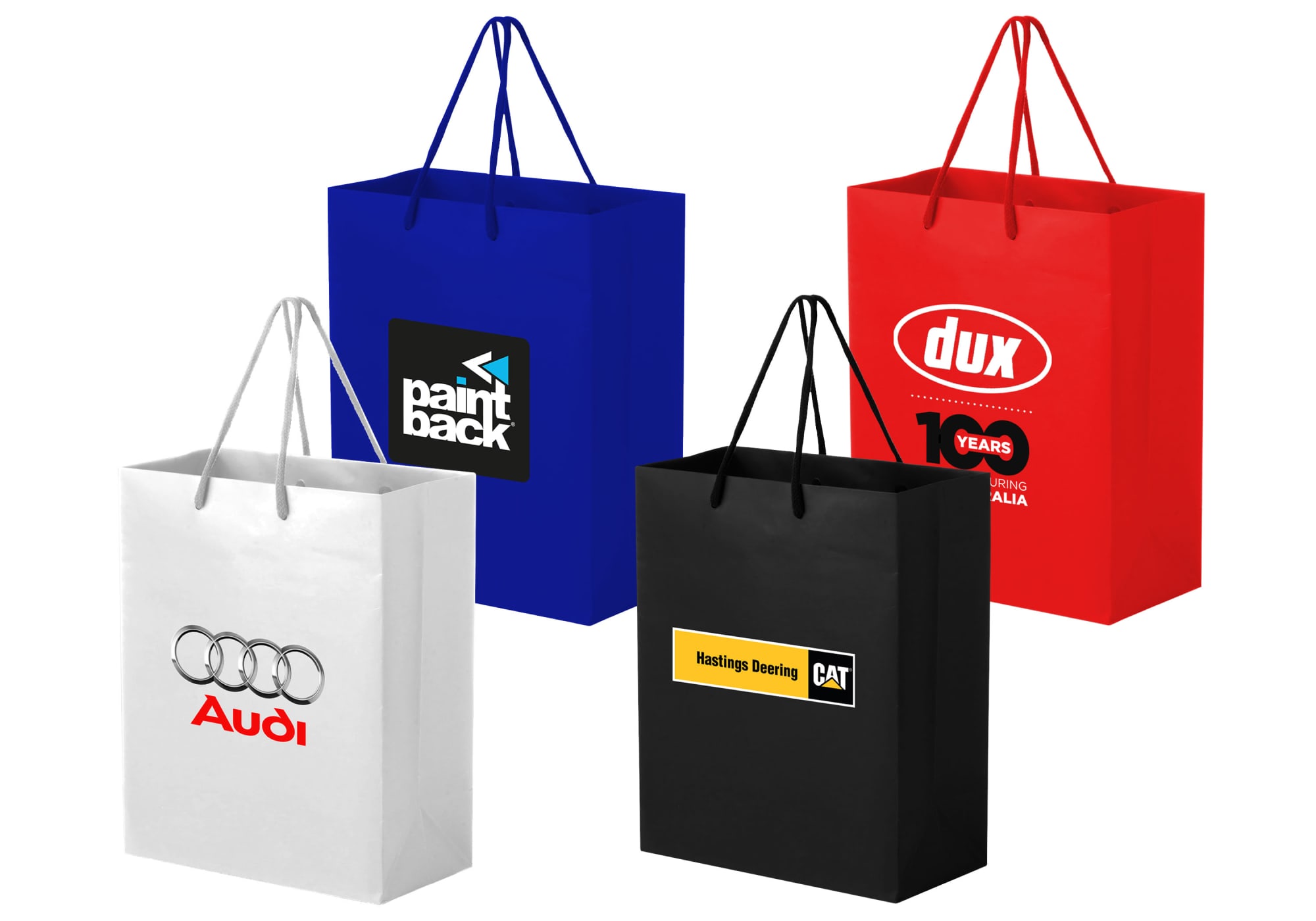 Large full coloured laminated bags in blue, red, white, and black with handles and various logos. Large Full Coloured Laminated Bag - Image 1