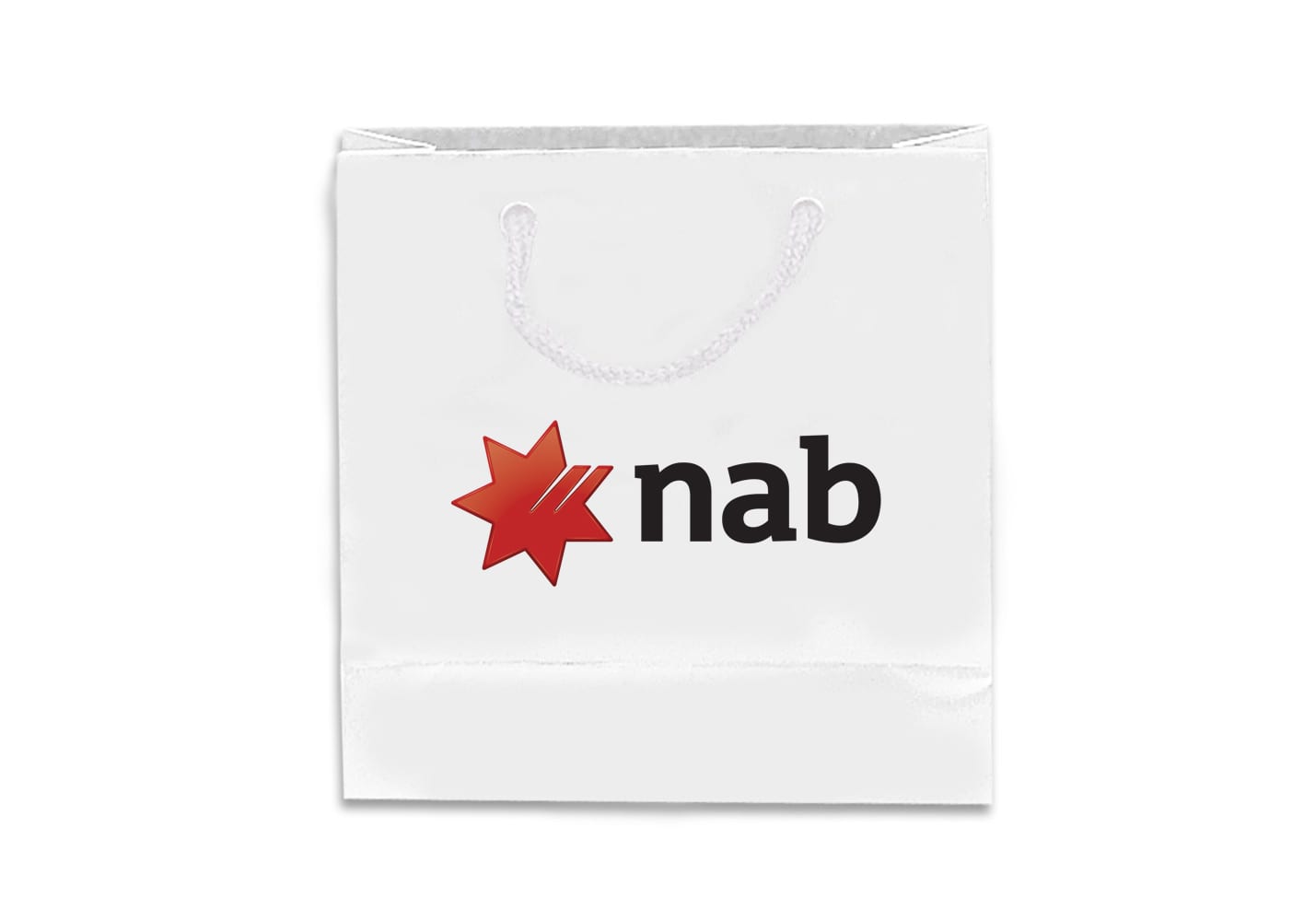 A small white laminated bag with a handle, featuring a logo in black and red. Small Full Coloured Laminated Bag - Image 1