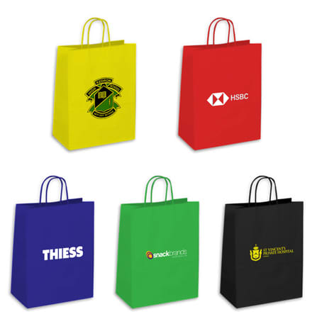 Large coloured kraft paper bags in yellow, red, blue, green, and black, featuring various logos. Large Coloured Kraft Paper Bag - Image 1