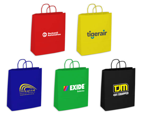 A collection of medium paper bags in red, yellow, blue, and black, each featuring branding logos. Medium Coloured Kraft Paper Bag - Image 1