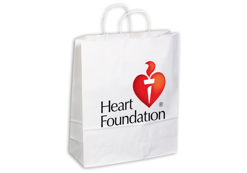 A white extra-large Kraft paper bag with twisted paper handles and a logo on the front. Kraft Paper Bag White Extra Large Includes Twisted Paper Handle - Image 1
