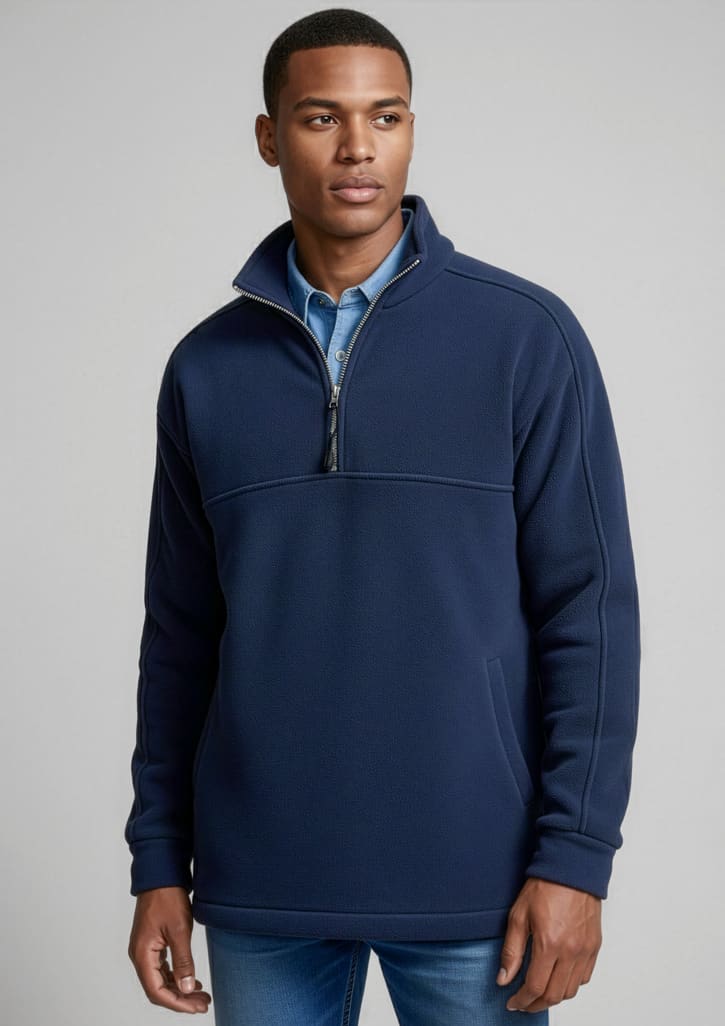 A navy men's heavy weight fleece jumper with a zip collar, featuring a contrasting panel across the chest. Mens Heavy Weight Fleece - Image 1
