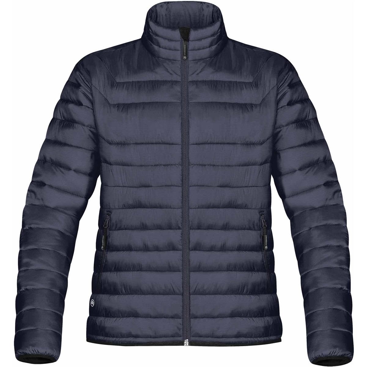 A women's puffy jacket in navy blue with a high collar and zippered pockets, featuring a logo on the side. Women's Altitude Jacket - Image 1