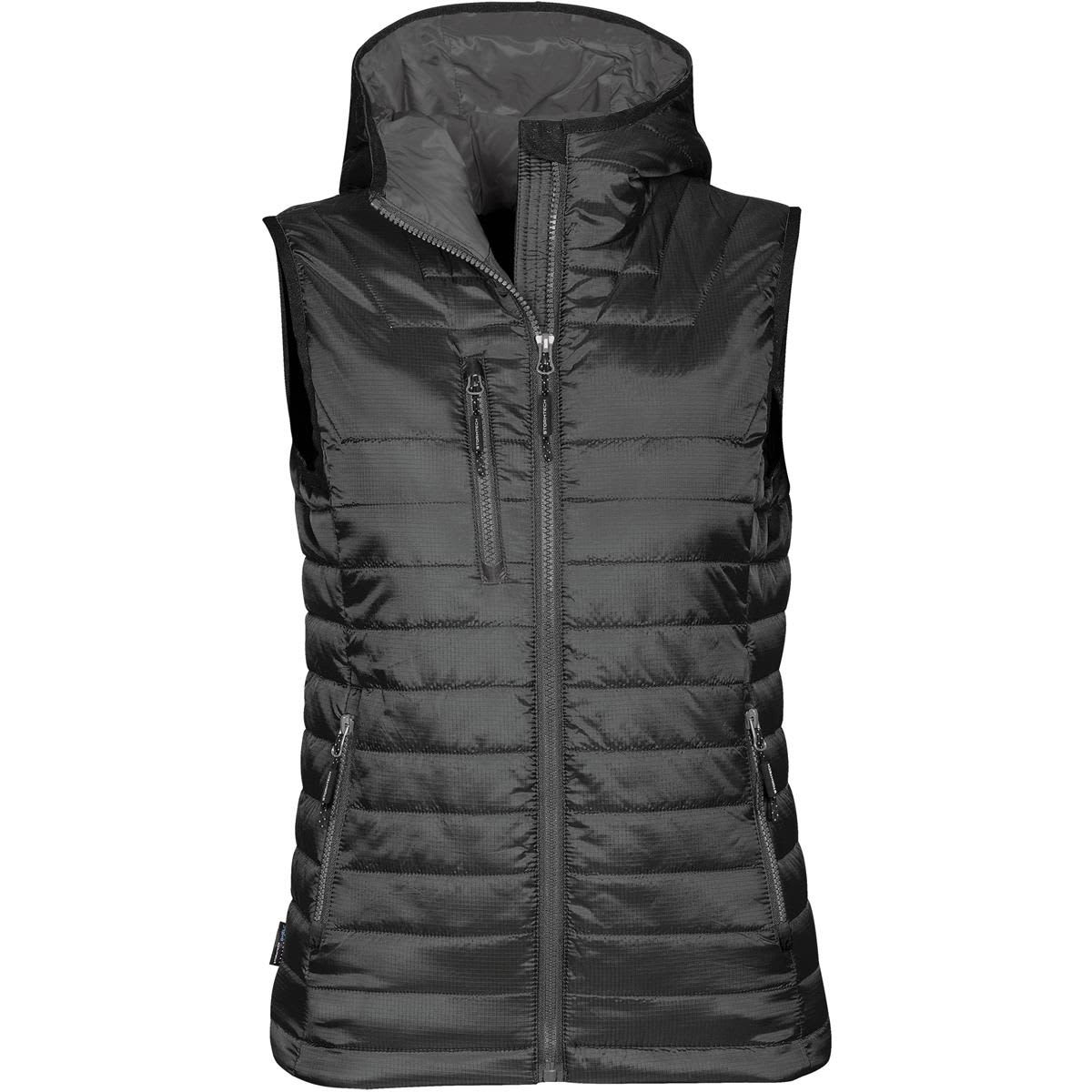 A black women's thermal vest with a hood, featuring zippered pockets and a sleek, padded design. Women's Gravity Thermal Vest - Image 1