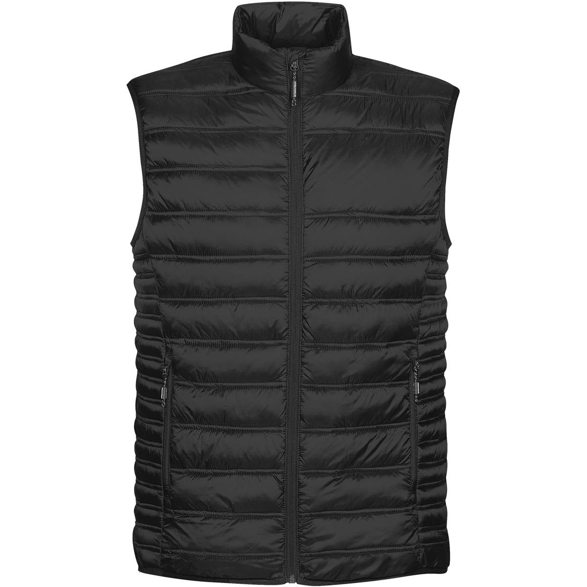 A black thermal vest with a zip-up front and padded design, featuring side pockets and a collar. Men's Basecamp Thermal Vest - Image 1