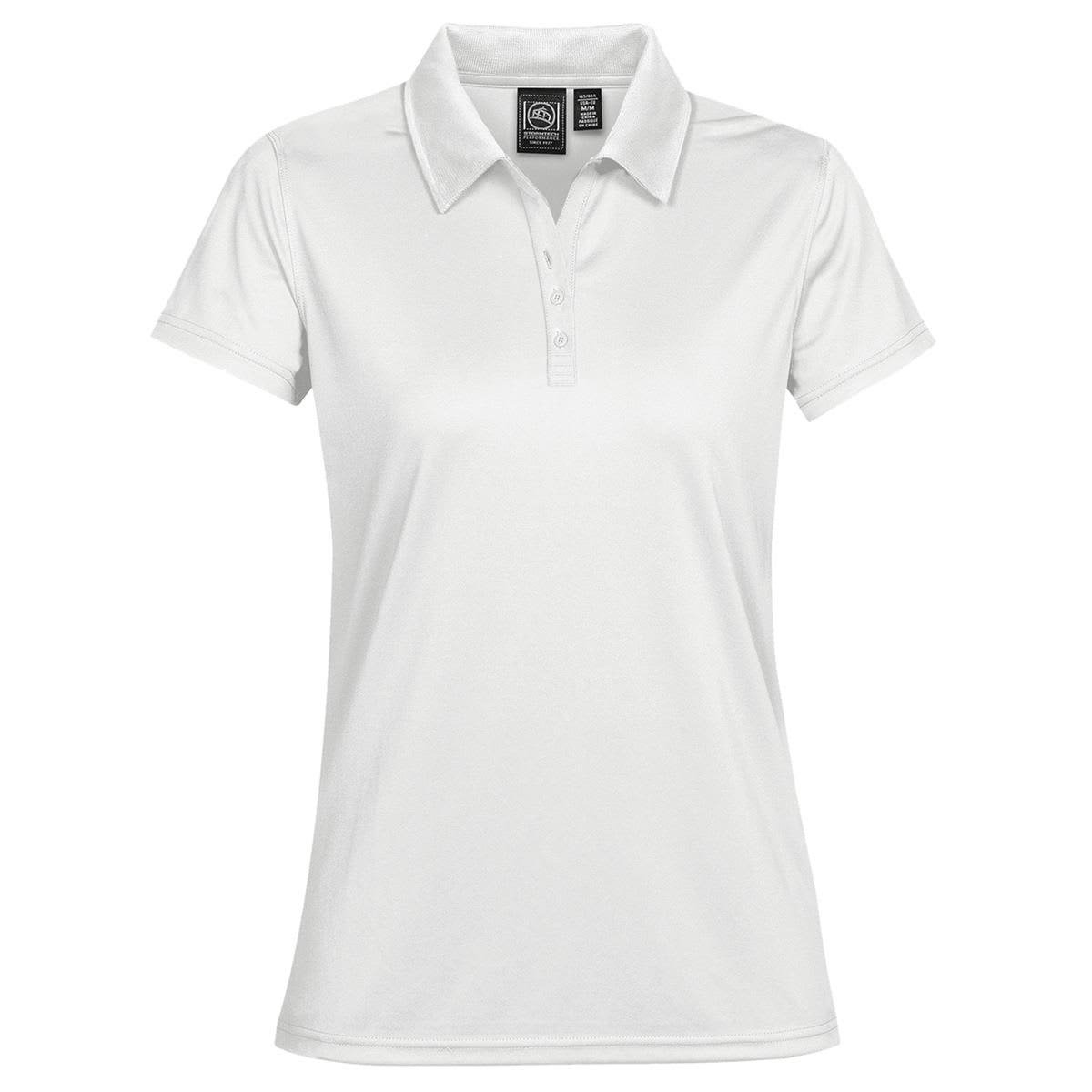A white women's polo shirt with a classic collar and a logo on the chest. Women's Eclipse Pique Polo - Image 1