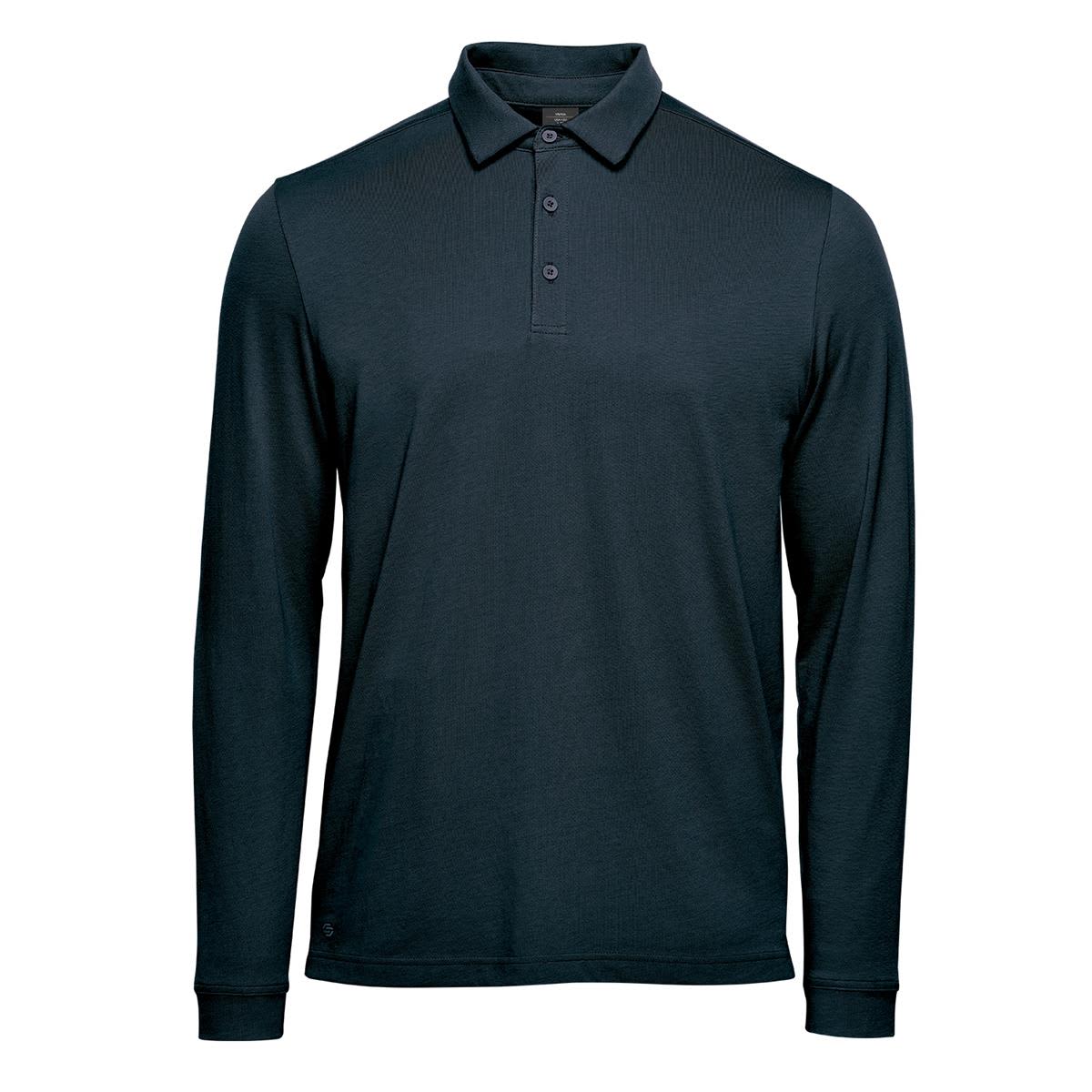 A long-sleeve polo in navy blue featuring a collar and three-button placket, with a logo on the hem. Men's Nevada L/S Micro Pique Polo - Image 1