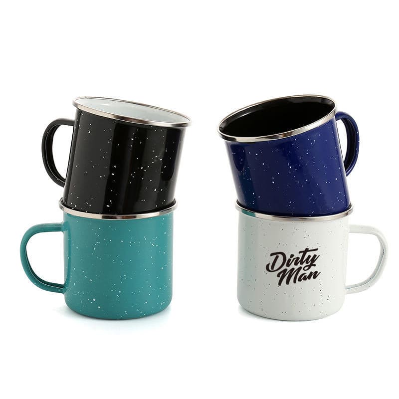 A set of four enamel campfire coffee mugs in black, navy, teal, and white, featuring a logo on one mug. 5 oz. Enamel Campfire Coffee Mug - Image 1