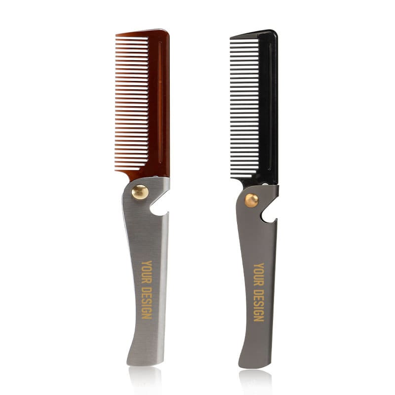 A stainless steel beard comb set featuring a brown and a black comb, each with a gold accent and branding. Custom Stainless Steel Beard Comb - Image 1