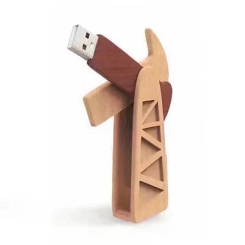 A wooden USB flash drive shaped like a pumping unit, featuring brown and beige colours, with a simplistic design and logo. Pumping Unit Model USB Flash Drives - Image 1