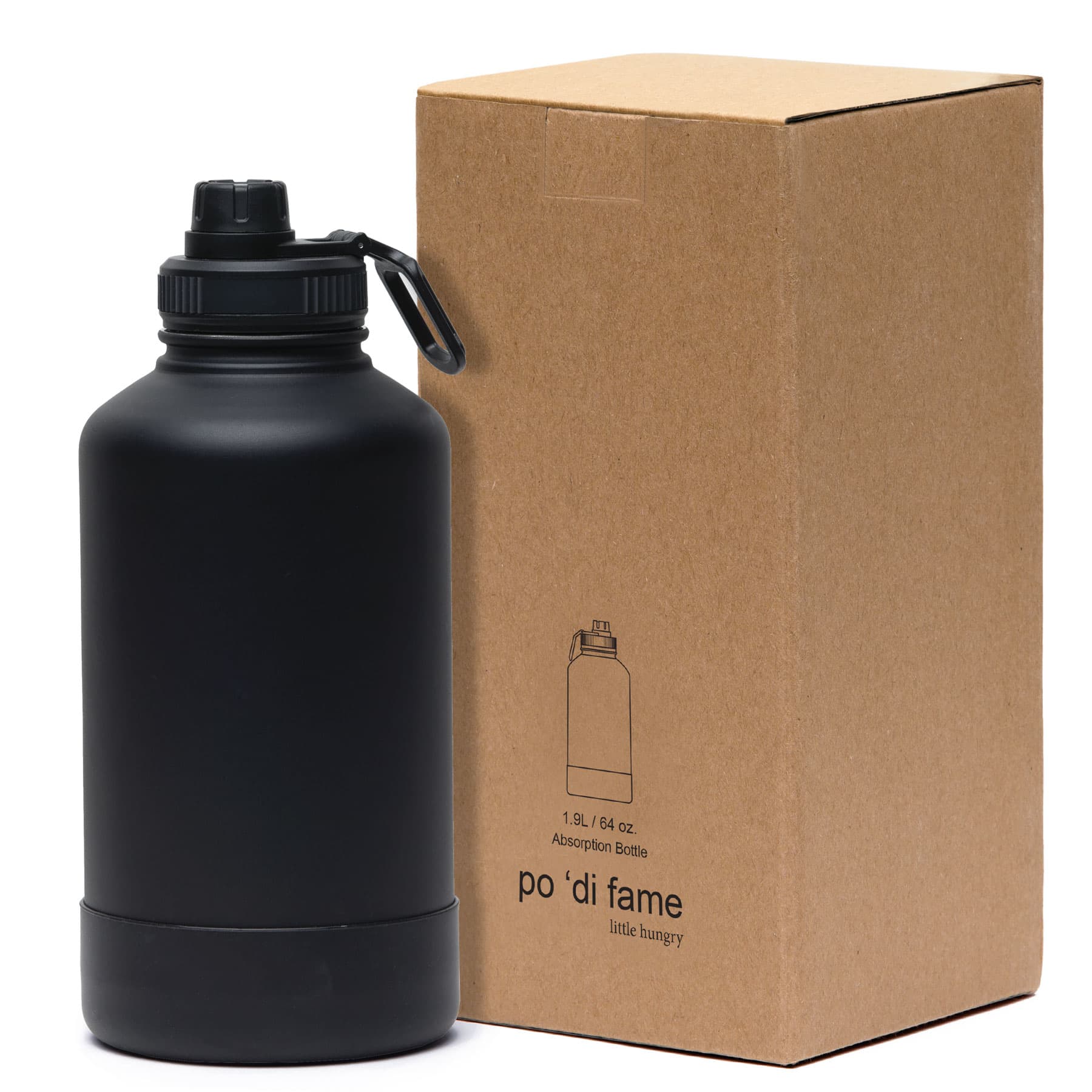 A drink bottle in matte black with a screw lid, accompanied by a brown cardboard box featuring a logo. Absorption Bottle - Image 1