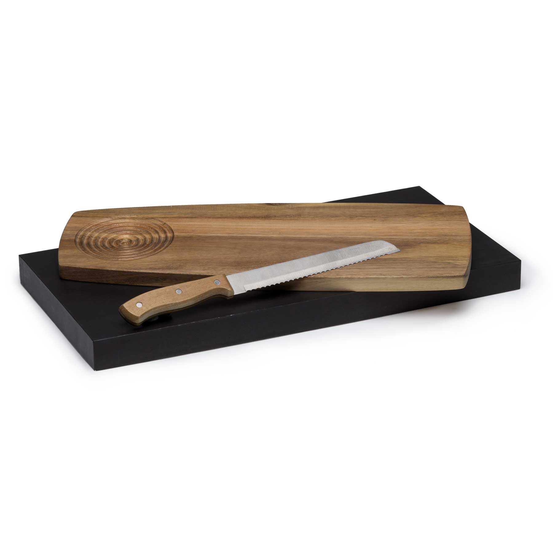 A wooden cheese board with a textured circular design, paired with a serrated knife, set on a black base. Artisan Tasting Board Set - Image 1