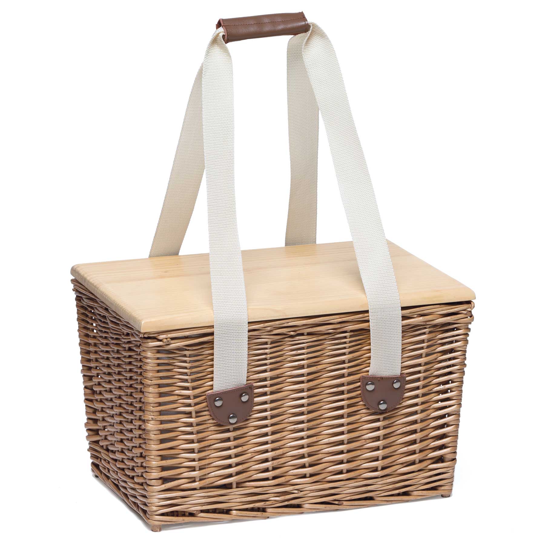 A wicker picnic basket with a wooden lid and cream-coloured straps, featuring leather detailing and a logo. Devon Cooler Picnic Basket - Image 1
