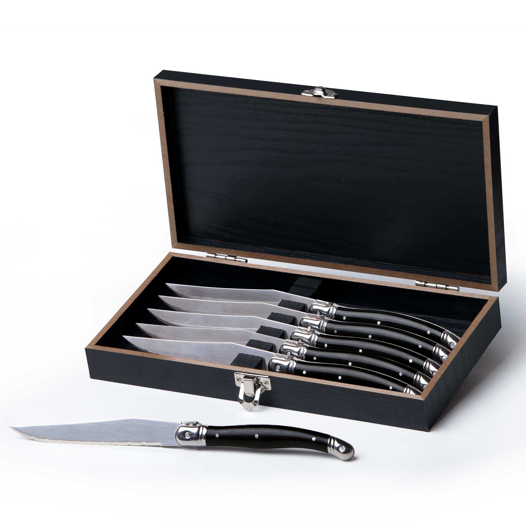 A knife set featuring six stainless steel knives with black handles, presented in a stylish black wooden box. Euro 6 pcs Knife Set - Image 1