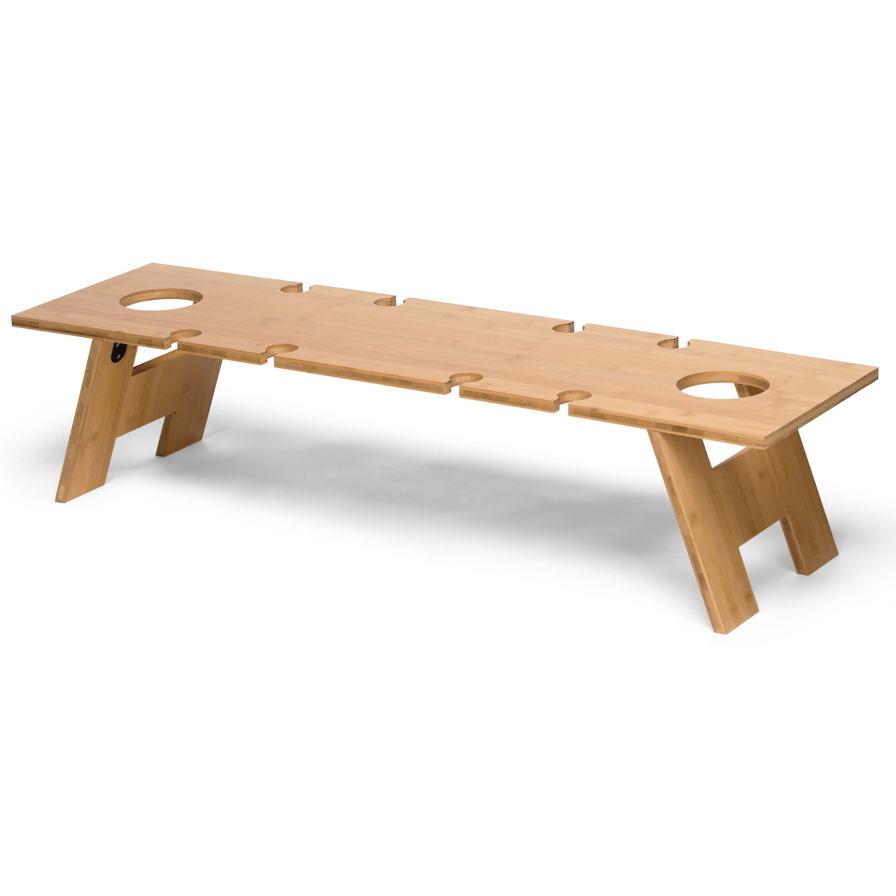 A rectangular wooden table with cut-out sections for drinks, featuring natural wood colour and sturdy angled legs. Lungo Tavolo Table - Image 1