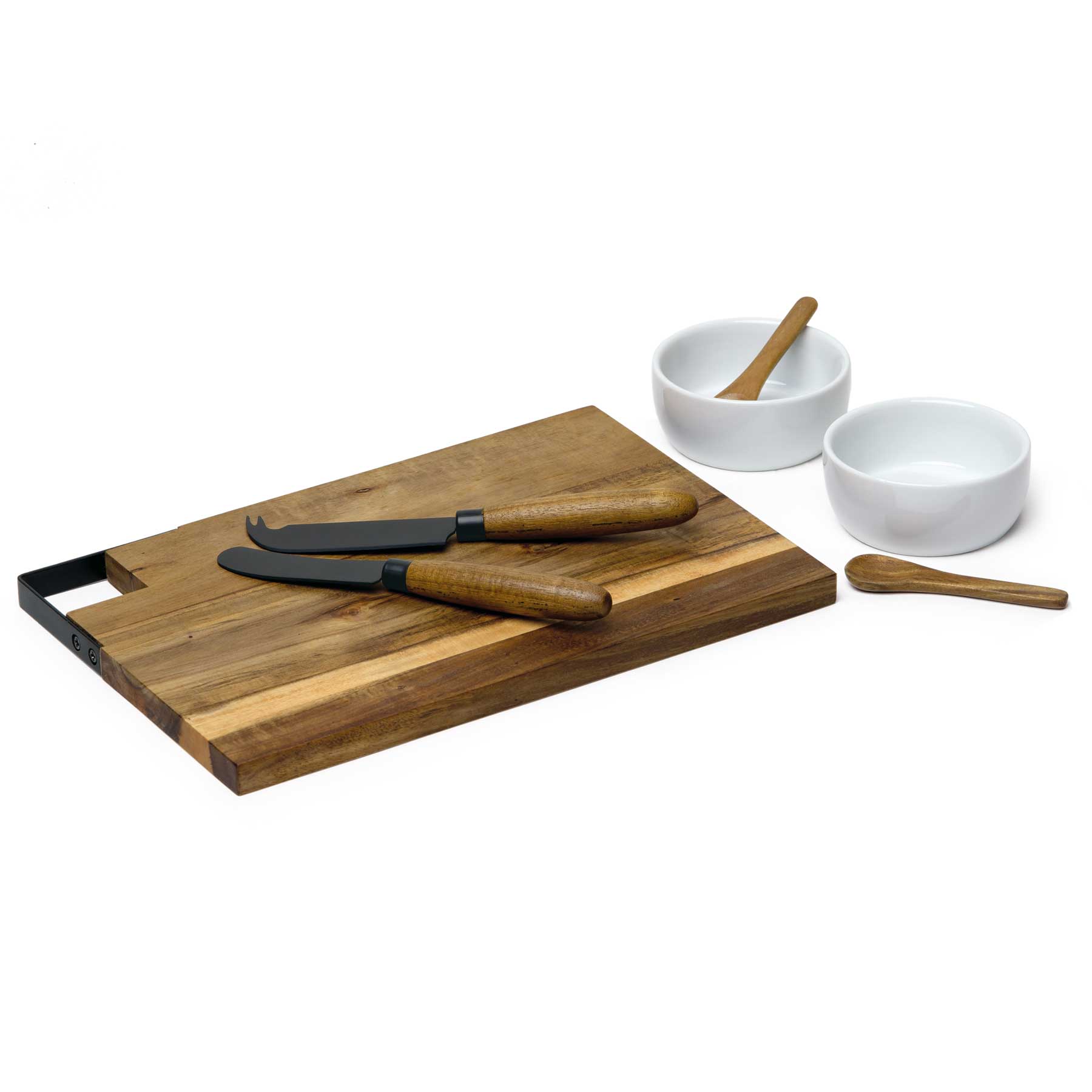 A wooden cheese board with three knives, two small bowls, and a small wooden spoon. Features a rustic finish. Meze Gourmet Set - Image 1