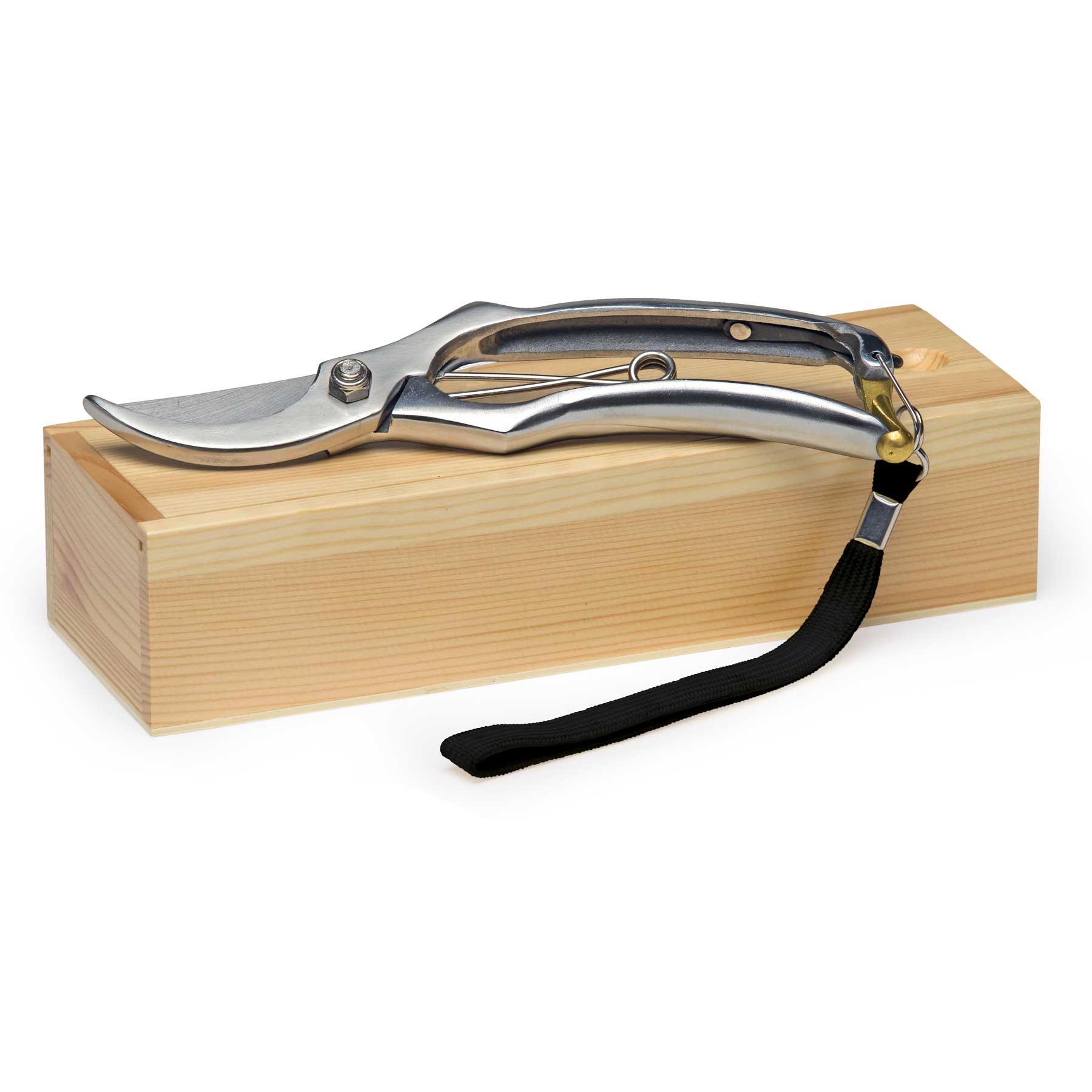 A pair of silver secateurs with a black strap, resting on a wooden box. The product features a logo. Nature Secateurs - Image 1