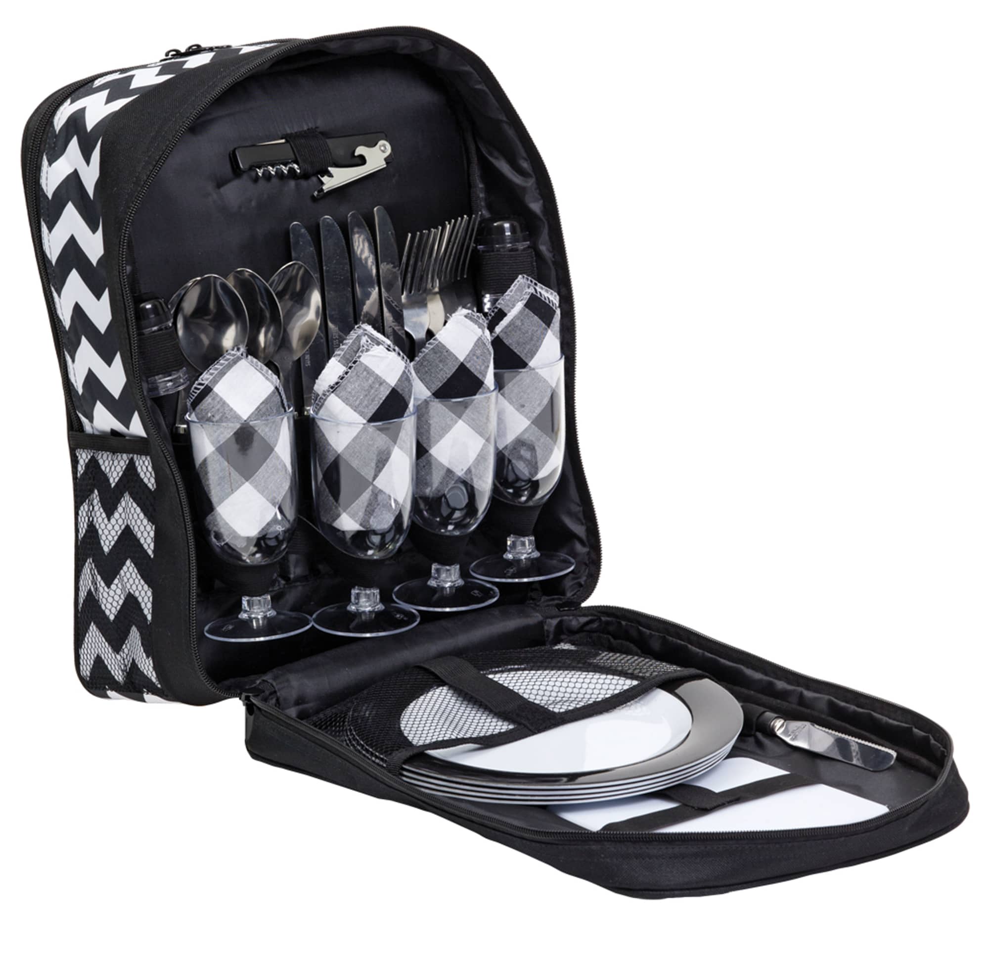 A picnic set featuring black and white checkered designs, including plates, cutlery, and glasses in a zippered bag. Oasis Family Picnic Set - Image 1