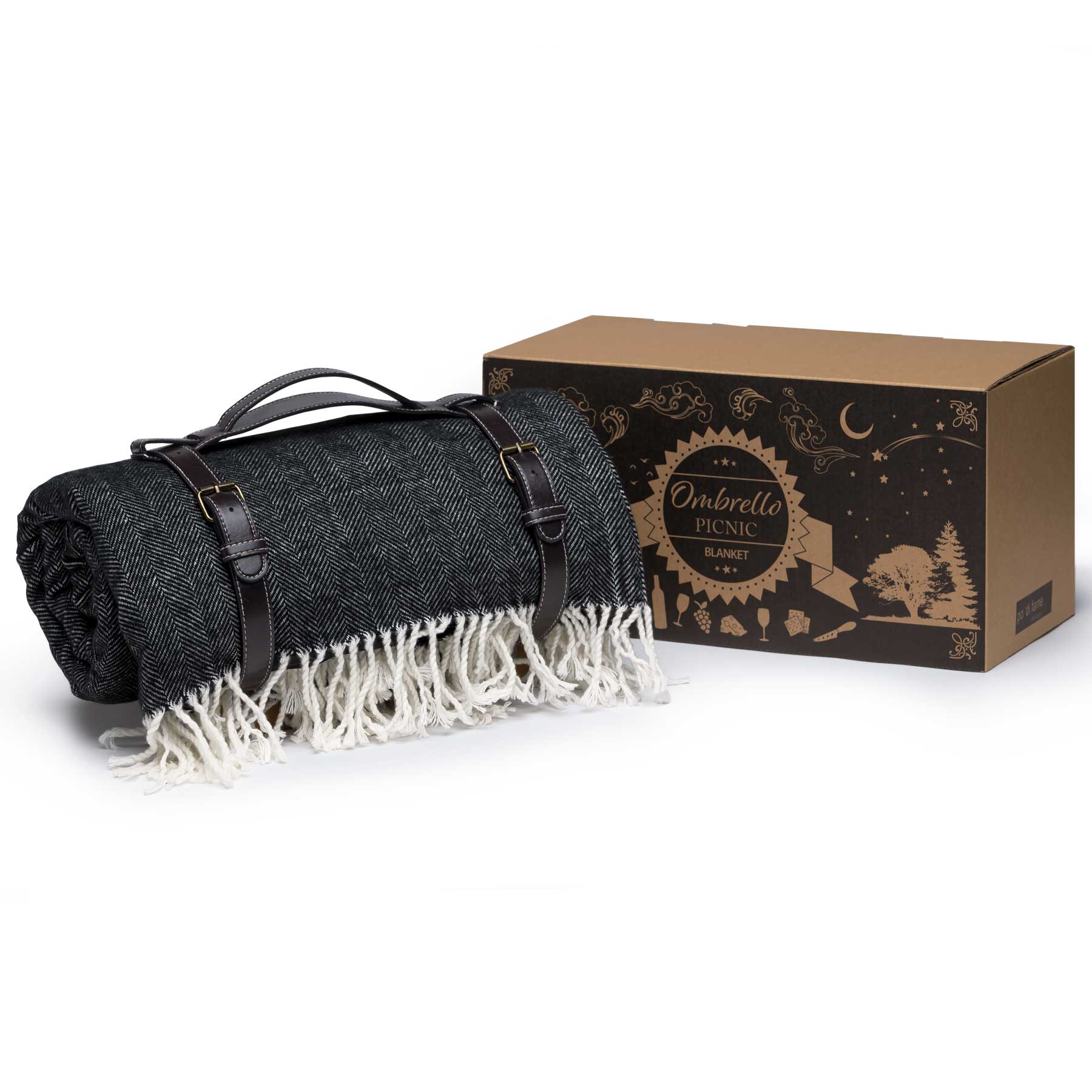 A dark green picnic blanket with a white fringe, folded and secured with straps, beside a brown packaging box. Ombrello Picnic Blanket - Image 1