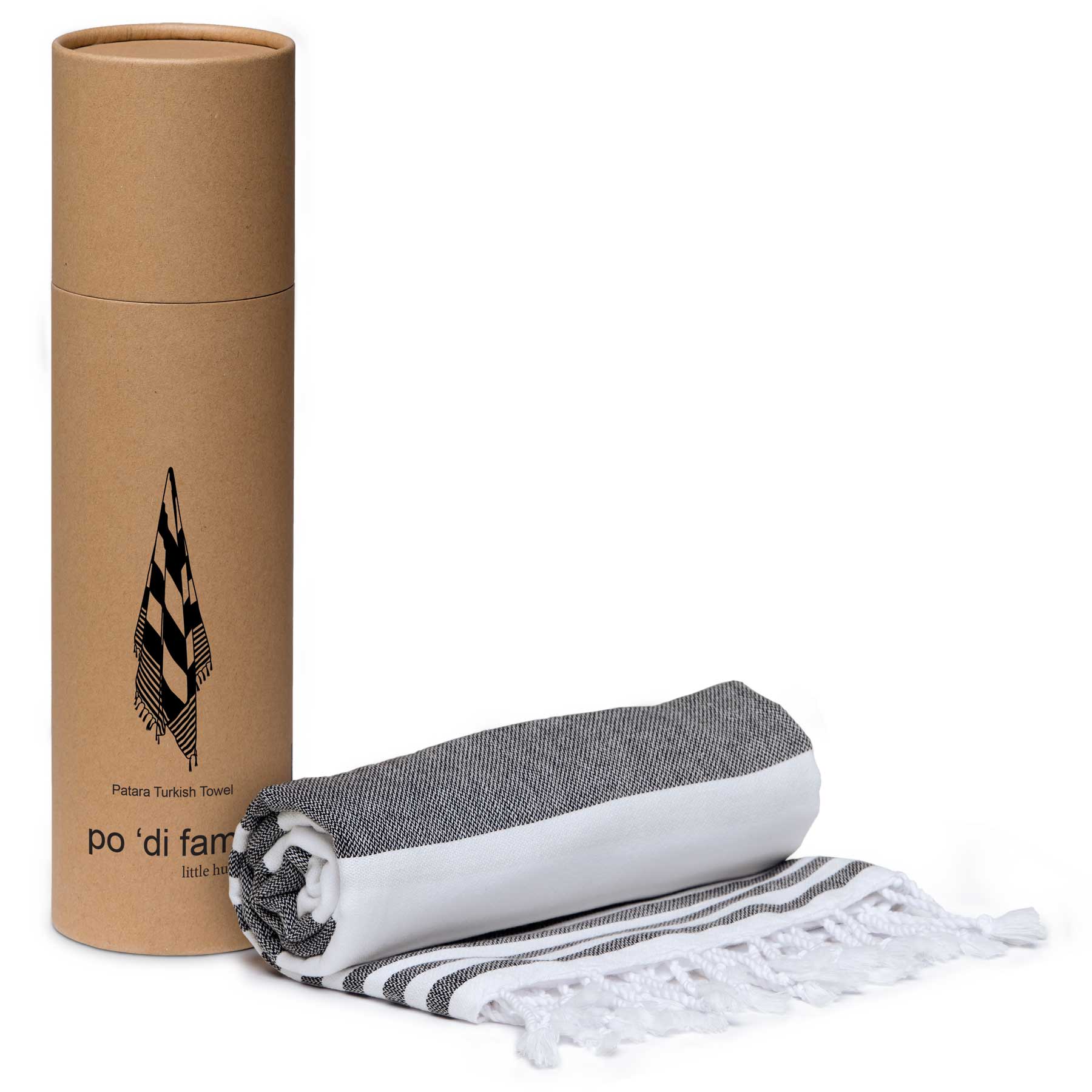 A rolled Patara Turkish towel in black and white, placed next to its cylindrical packaging. Patara Turkish Towel - Image 1