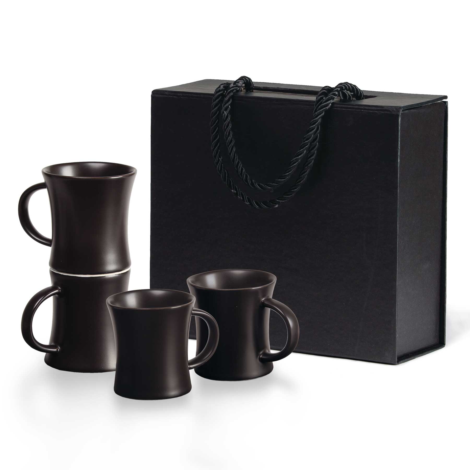 A set of four espresso mugs in dark brown stacked inside a black gift box with handles. Quartetto Espresso Set - Image 1