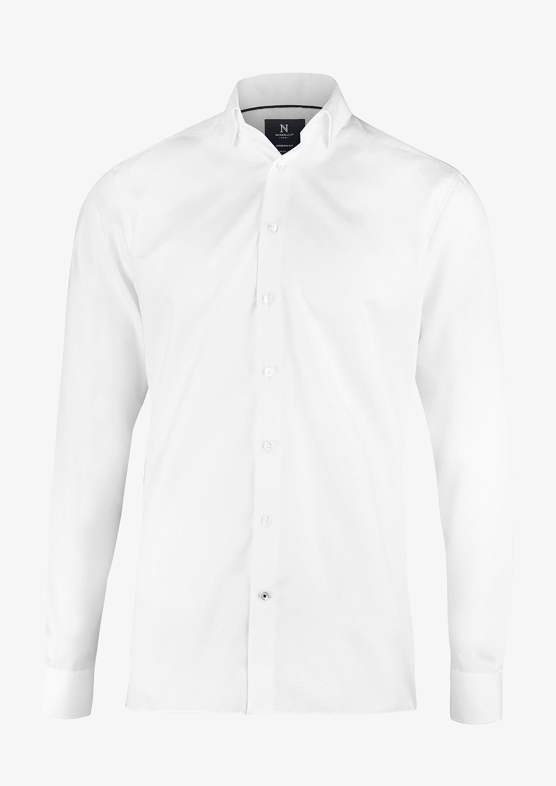A white button-up shirt with a modern fit, featuring a collar and a logo on the tag. Portland Modern Fit Men Shirt - Image 1