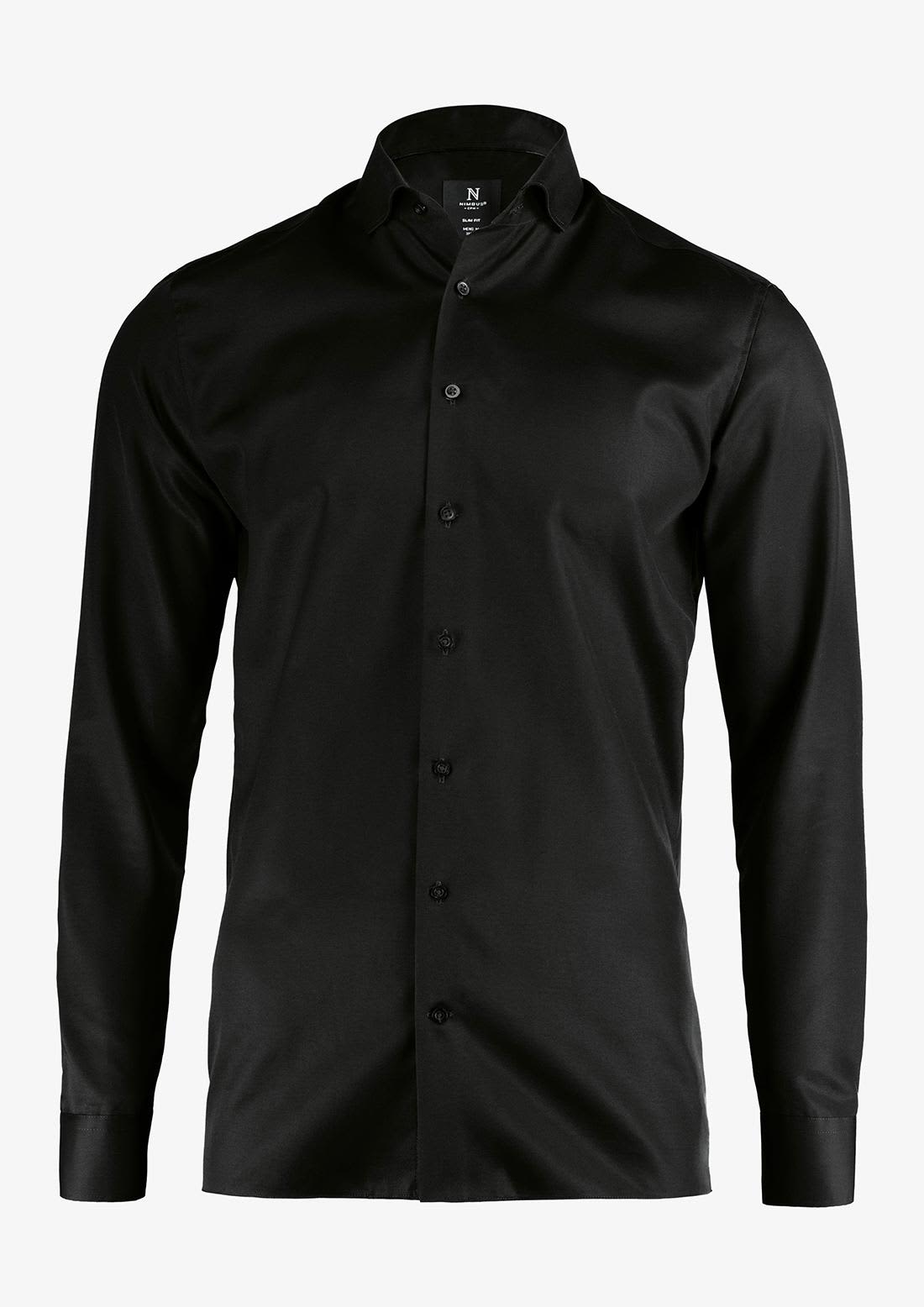 A black slim fit button-up shirt with long sleeves and a standard collar. It features a subtle logo on the label. Portland Slim Fit Men Shirt - Image 1
